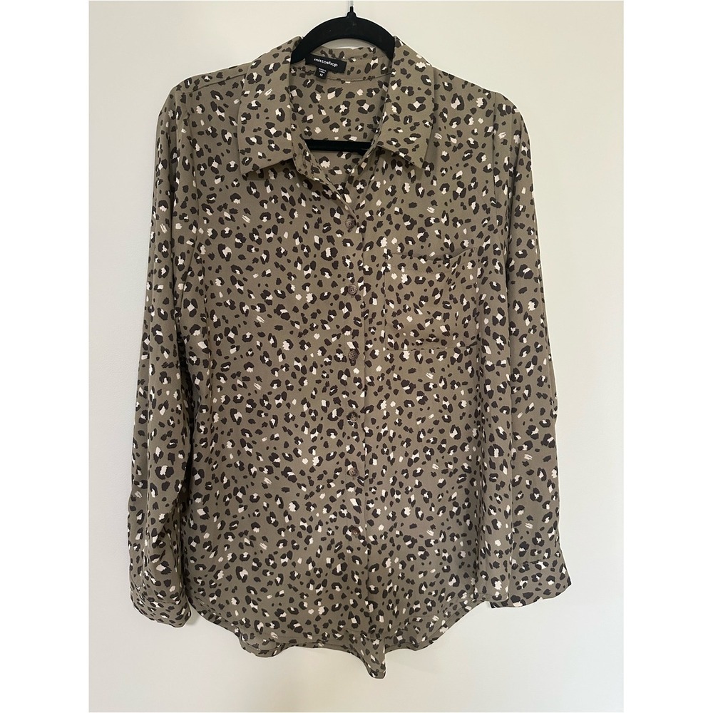 Animal Print Leopard Mittoshop Button Down Shirt M Olive Green Safari Gorpcore - Picture 1 of 6